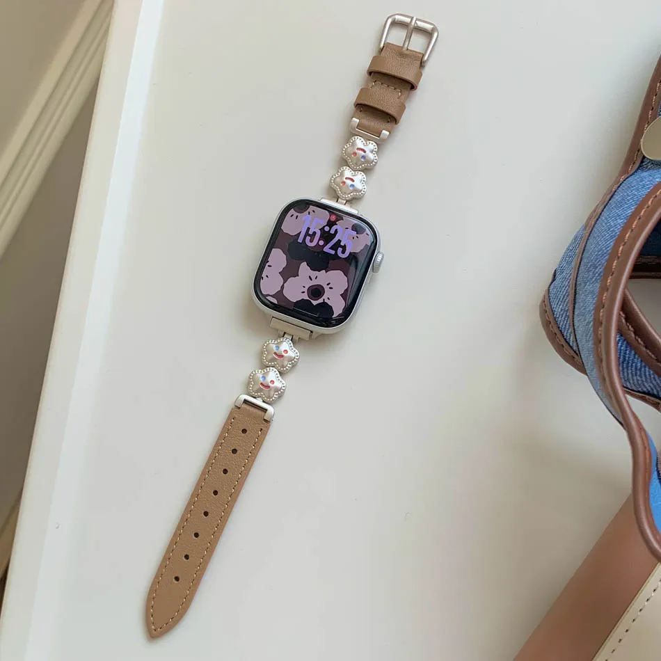 سوار ساعة Smiley Star لساعة Apple Iwatch Series 11 10 9 8 7 6 5 4 3 2 SE Ultra Leather Watch Band 38 مم 40 مم 41 مم 42 مم 44 مم 45 مم 46 مم 49 مم سوار أنيق للنساء