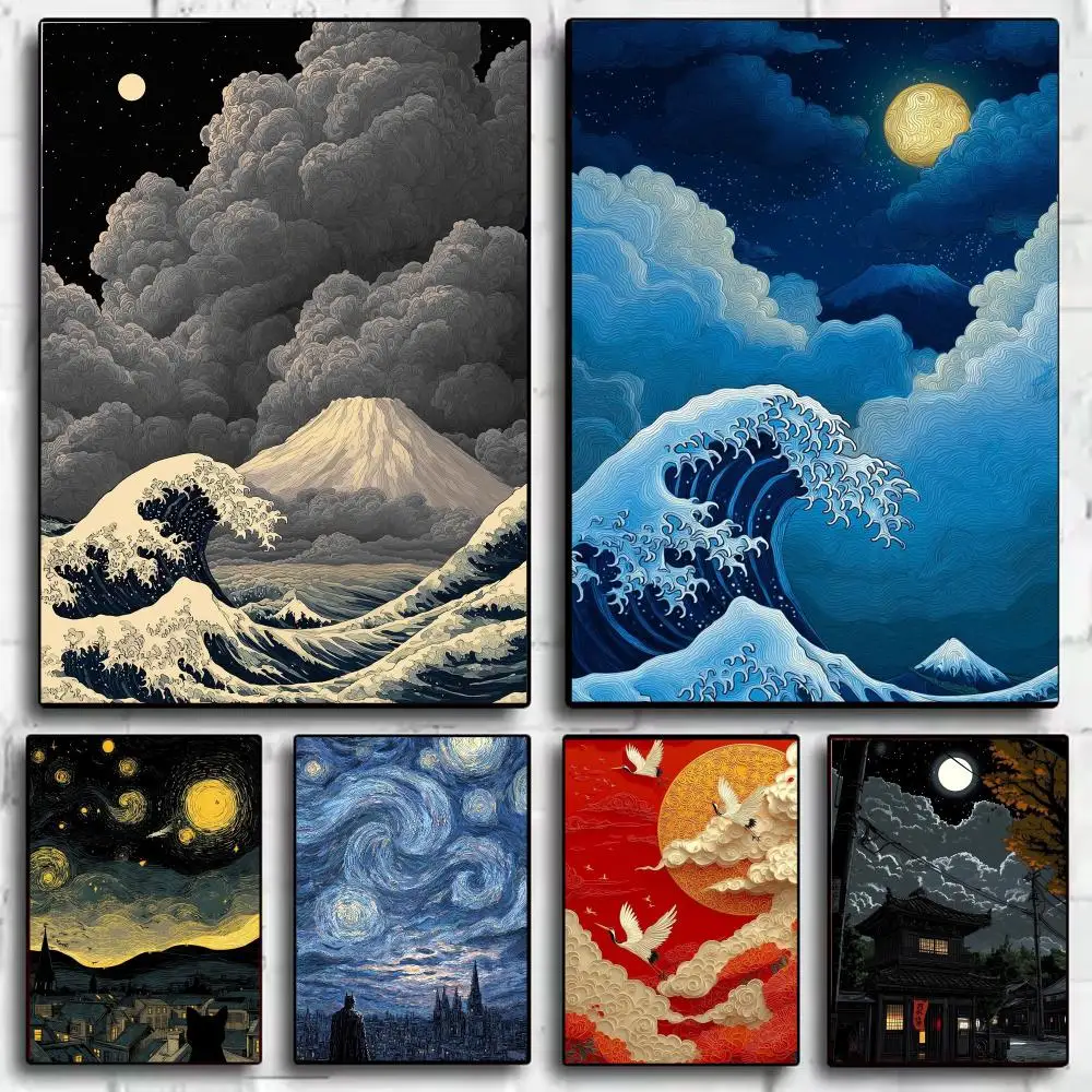 Japandi style Moonlit Waves Poster Aesthetic Wall Art Poster Modern Minimalist Nordic Home Decor Room Decoration