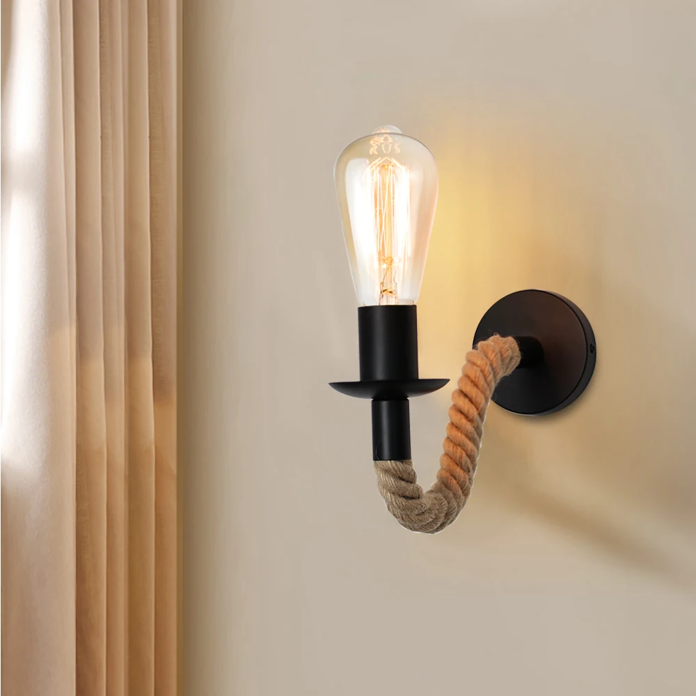 Vintage Hemp Rope Wall Lamp Wood Wall Lamp E27 110V 220V Indoor Loft Outdoor corridor Wall Lights Industrial Sconce Bedside Lamp