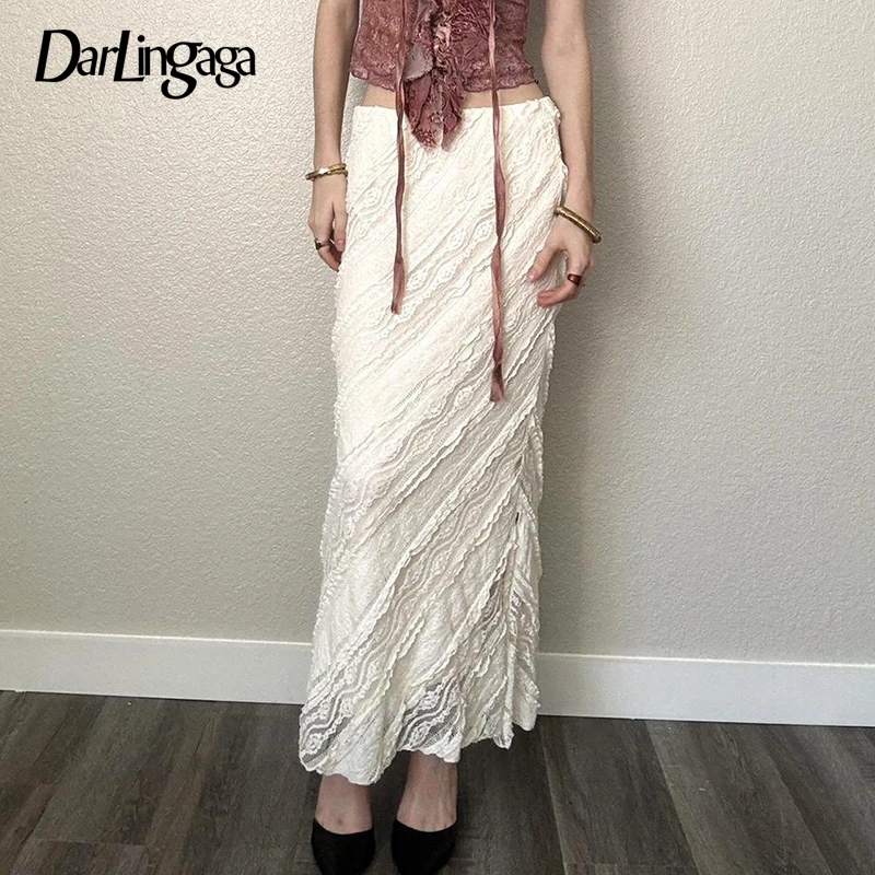 

Darlingaga Fashion Chic White Party Maxi Skirt Women Fairycore Vintage Hollow Out Holidays Elegant Lace Skirt Long French Bottom