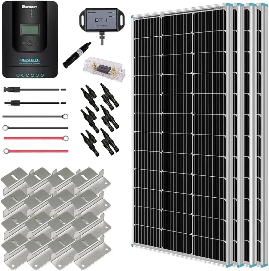 Renogy 400 Watt 12 Volt Premium 4 Pcs 100W Panel+40A MPPT Charge Controller+ Bluetooth Module Fuse+ Mounting Z Brackets+Adaptor