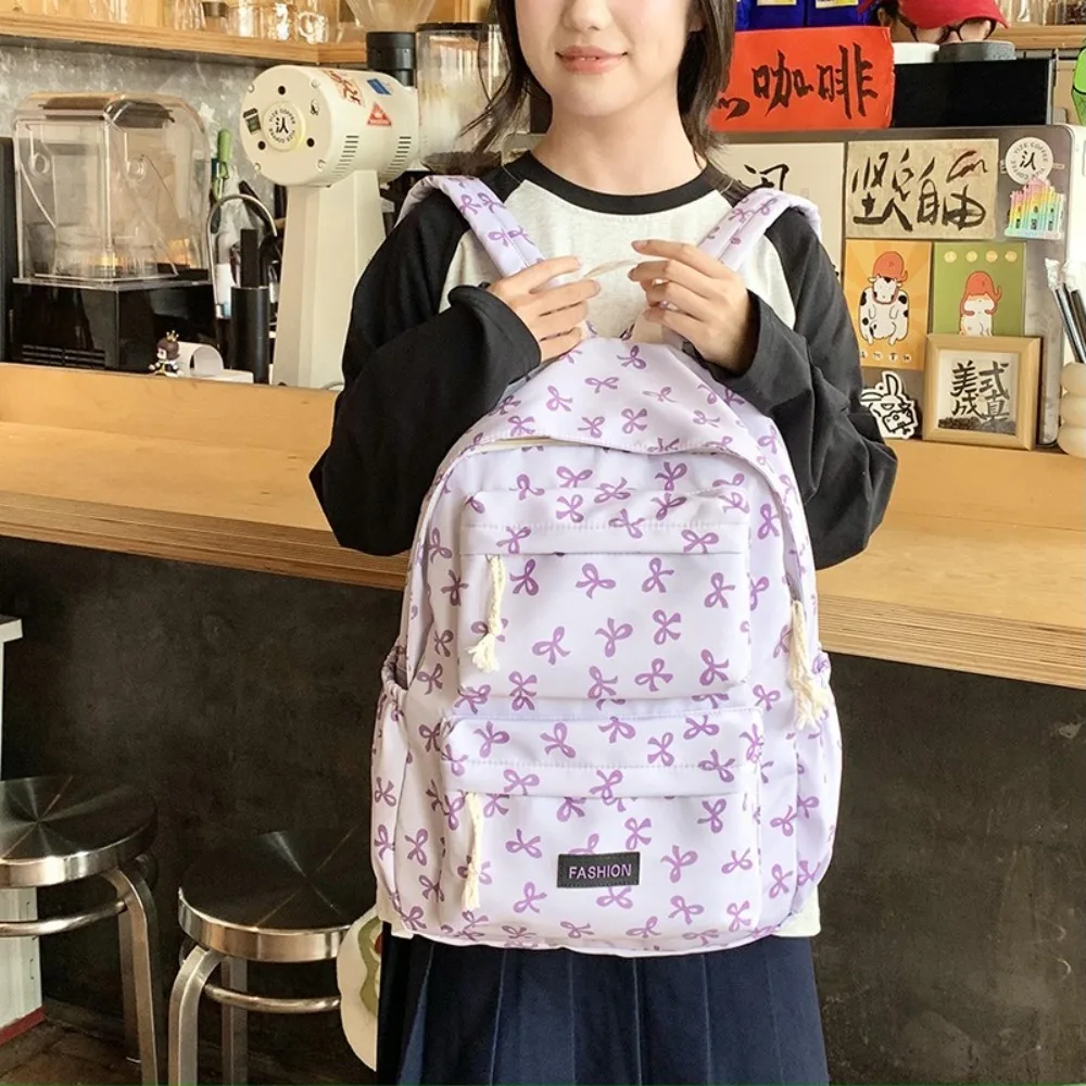 Portble Bow Printed Students Backpack Adjustable Strap Nylon School Bag Large Capacity Travel Rucksack Outdoor