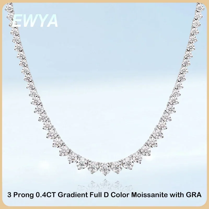 EWYA 3 Claw 0.4CT 4.5mm Gradient Full D Color Moissanite Diamond Tennis Necklace for Women 925 Silver GRA Certified Neck Chain