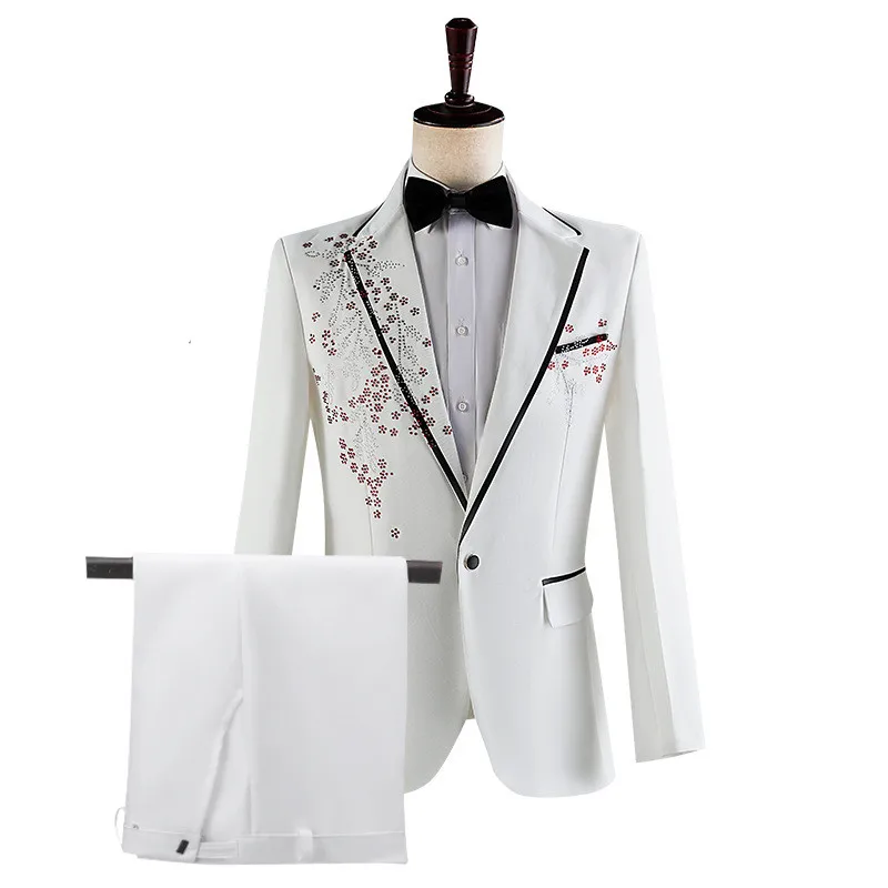 Elegant Men White Performance Suits , Ideal for Stage, Host, Singer, Dance, Prom Events ，Male Spliced Blazer and Pants with Tie