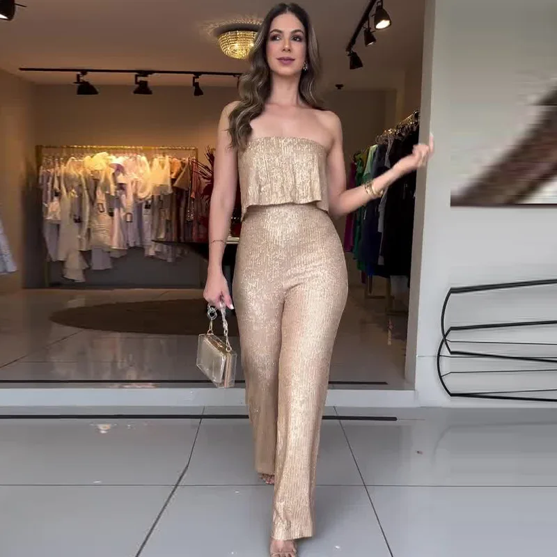 

Summer New European and American Style2025New Hot-Selling Women's Solid Color Casual Style Fake Two-Piece Strapless Jumpsuit