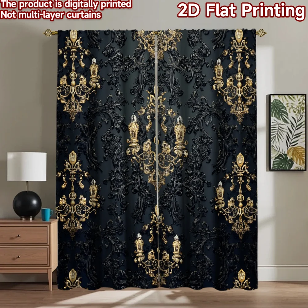2D flat 2pcs Curtain Country Style Black Gold Chandelier Damask Durable polyester fiber Holiday Decorations Perfect for Festive