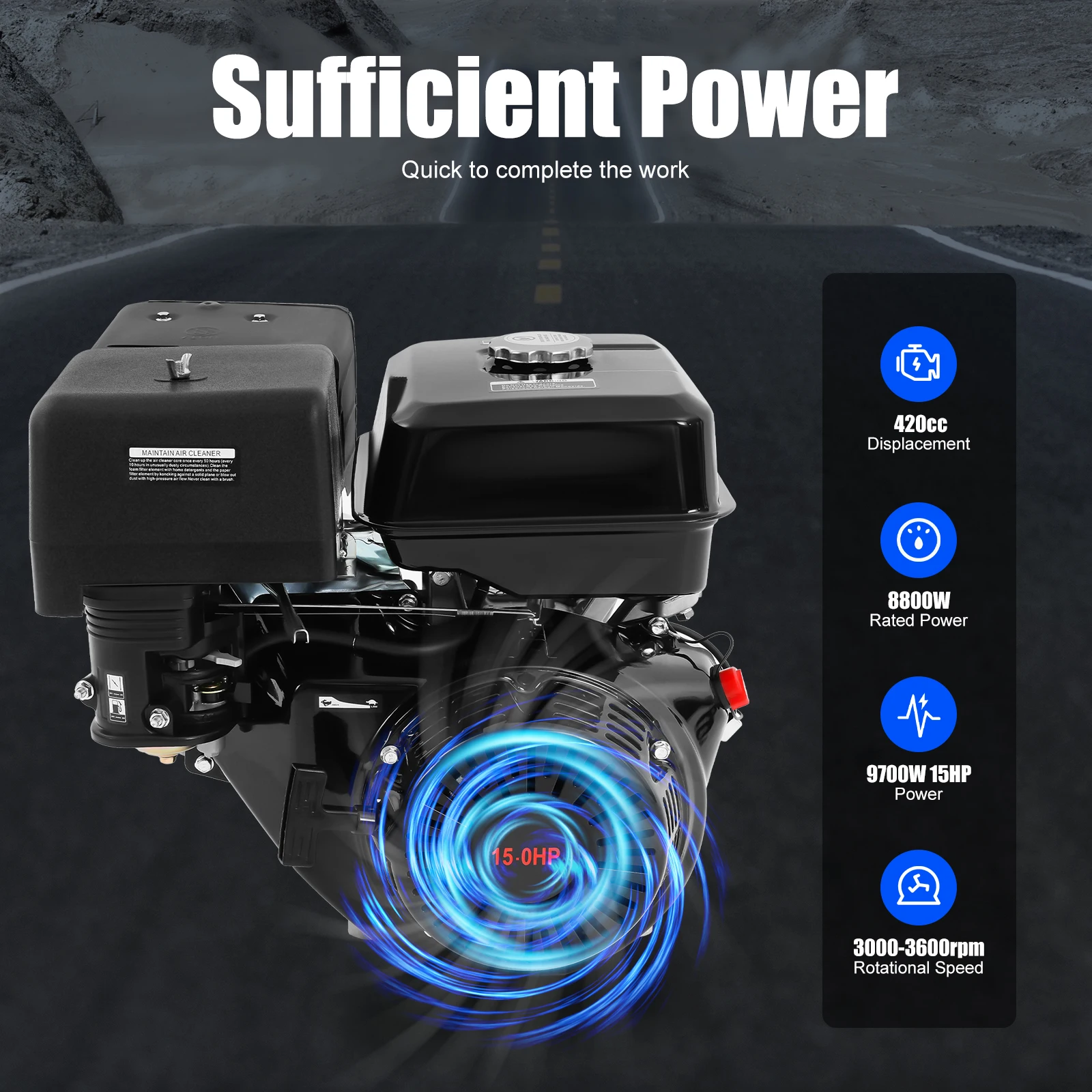 15 PS 420 cm³ OHV 4-Takt Einzylinder-Benzinmotor 8800 W Nennleistung 9700 W Maximalleistung Luftgekühlt Handstart 6,5 L Kraftstofftank Ölalarm Niedriger Kraftstoffverbrauch Für Wasserpumpen,