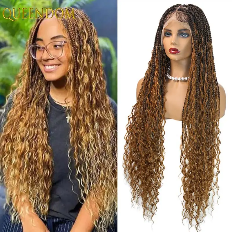 

36 дюймов бохо блондинка вьющиеся концы синтетический полный кружевной передний плетеный парик без узлов косички богиня локоны косички для прически