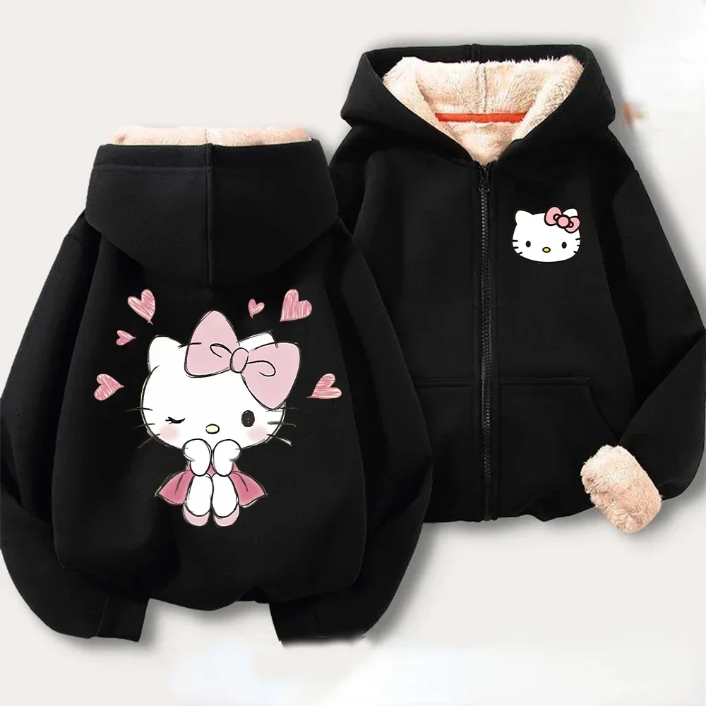 Hello Kitty Zipper Hoodie Sweatshirt Girl Winter Keep Warm Jacket Women Oversized Thick Kawaii Streetwear Casual Hoody Coat Tops