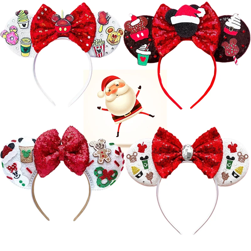 Disney Christmas Mickey Mouse Ears Hairband Girl Bow Sequins Minnie Headband Kid Mickey Sundae Hair Accessories Women Party Gift