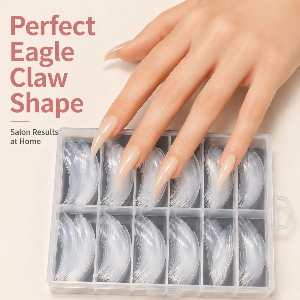 120Pcs Curved Eagle Claw Nail Tips Boxed Clear Stiletto False Nails 12‑Size System For Salon Nail Art Extension Supplies