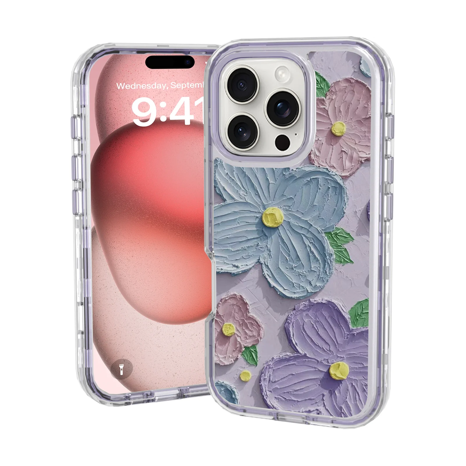 Floral Hybrid Heavy Duty Triple Layer Case For iPhone 16 Pro Max 16 Plus, Shockproof Flower Hard Full Protection Phone Cover