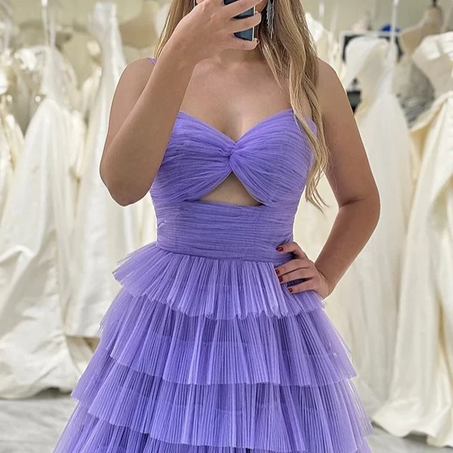 Lavendel Schatz Tiered A-Linie Abendkleid Sexy High Split A-Linie Abendkleider Sweep Zug Frauen Formelle Anlässe Partykleid