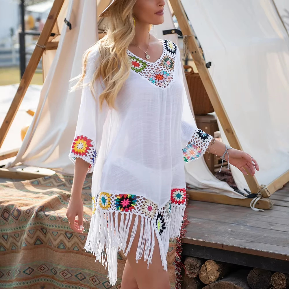 Mini abito da spiaggia in maglia con maniche a campana con scollo a V chic a righe Boho sexy, copricostume estivo da donna per le vacanze al mare
