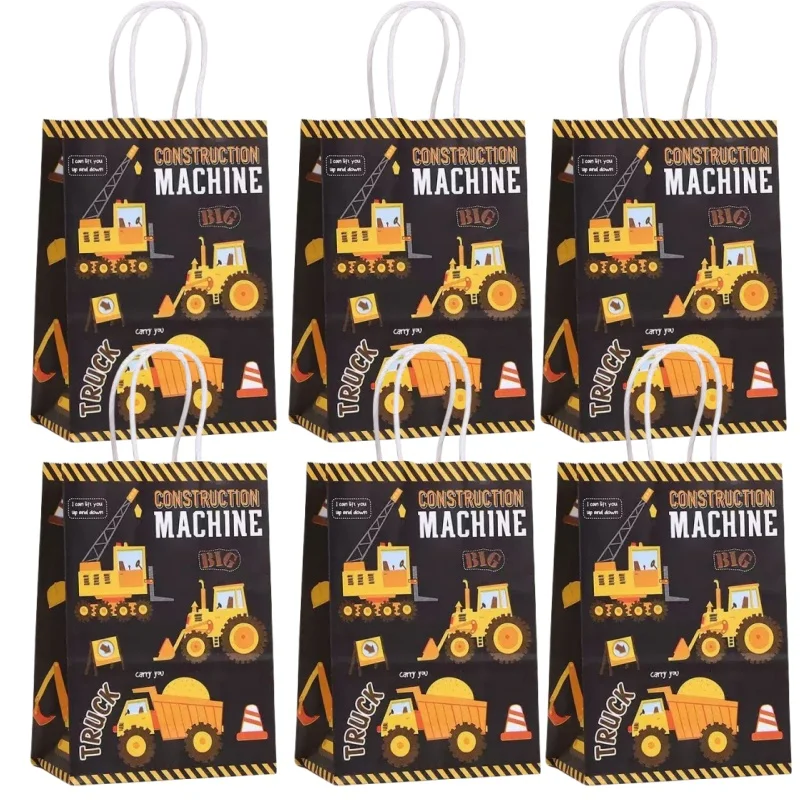 6/24 stücke Bau Papier Taschen mit Griff Party Favor Taschen Behandeln Süßigkeiten Snack Taschen Engineering Fahrzeug Geburtstag Party Decor – Detail 4