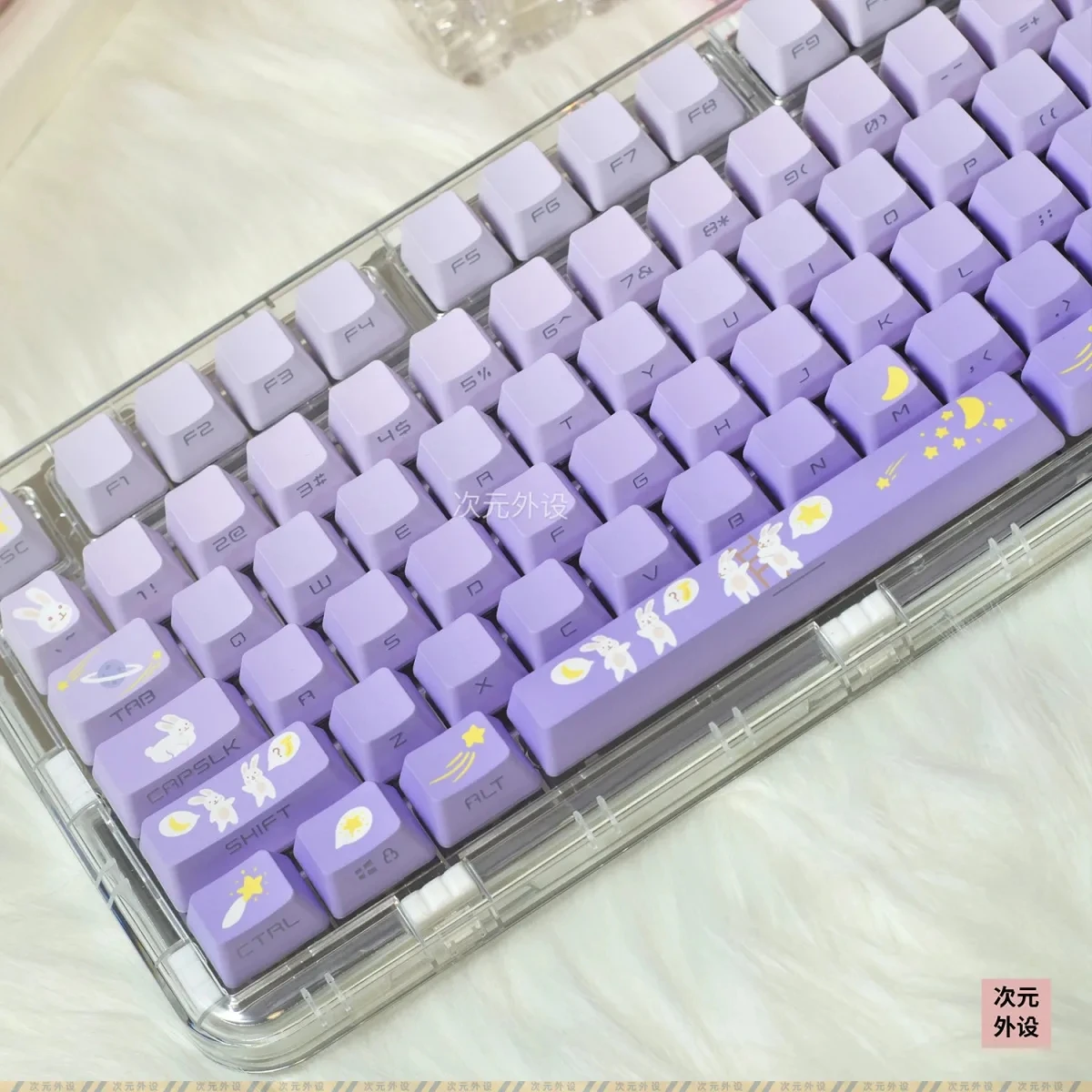 Purple Rabbit Keycaps Side/Top Print Keycaps Cute OEM Profile Backlit Transparent Keycap PBT For GK61 68 87 104 Keys keyboards