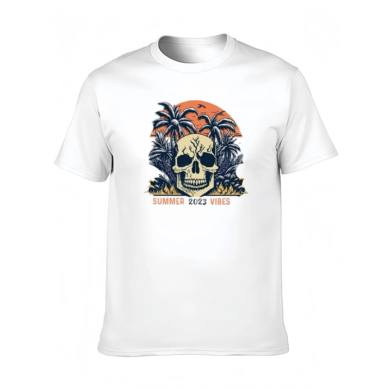 

Men's Cotton Tee With SUMMER 2023 VIBES Skull Palm Print, Soft Crew Neck Shirt For Outdoor, Father's Day Gift