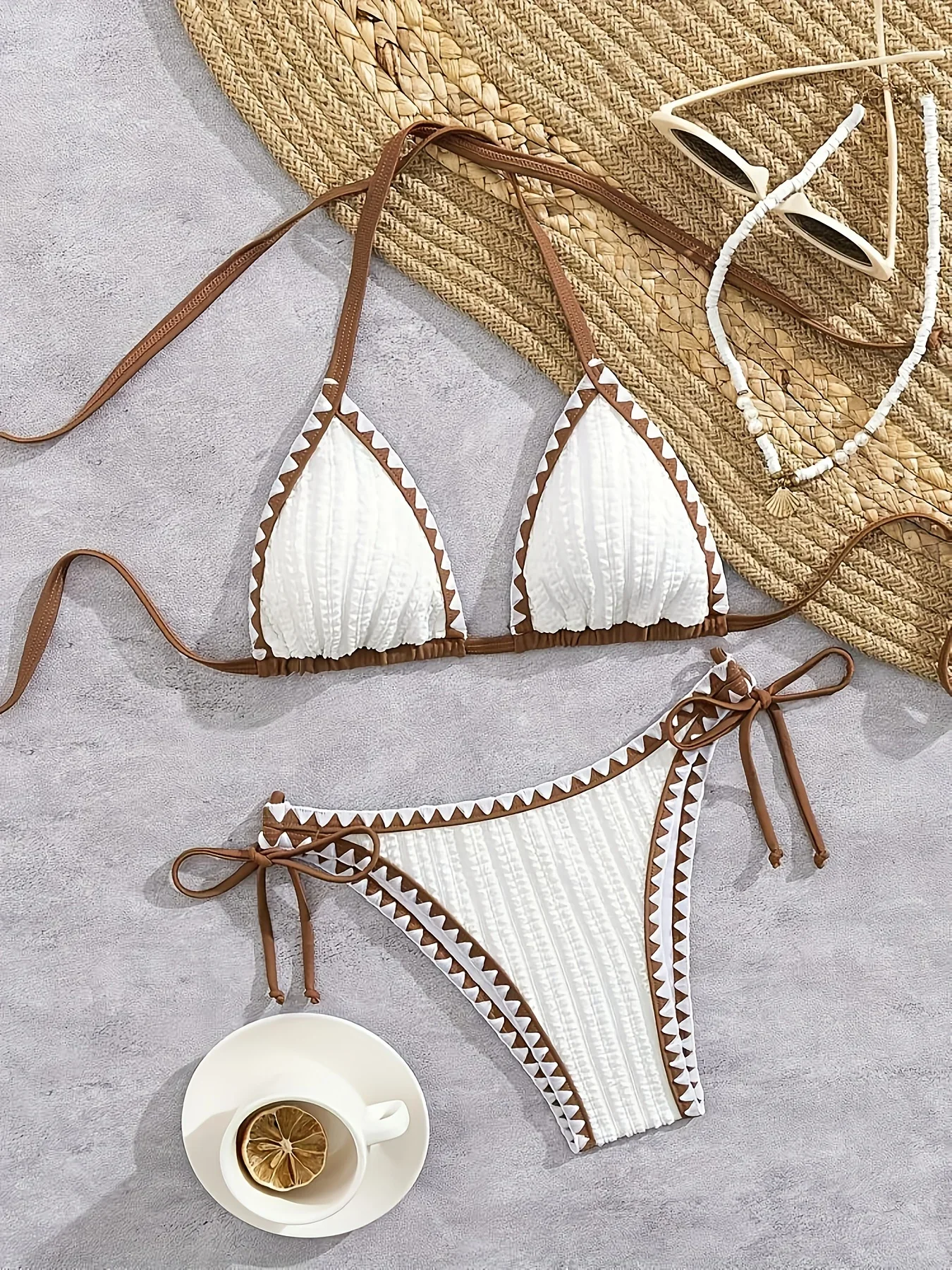 Women's two-piece swimsuit , crocheted steel-free design, lace-up, suitable for spring, summer, beach and vacation wearkn