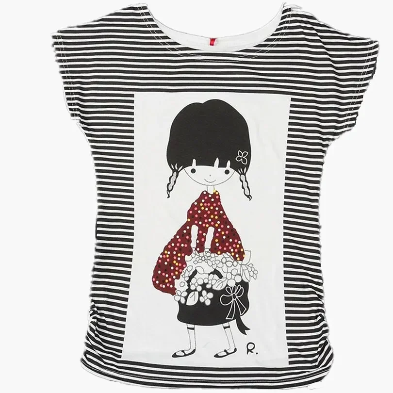 Summer Women Short Sleeve T Shirts White O-neck Tee Tops Casual Stripped Cotton T Shirt