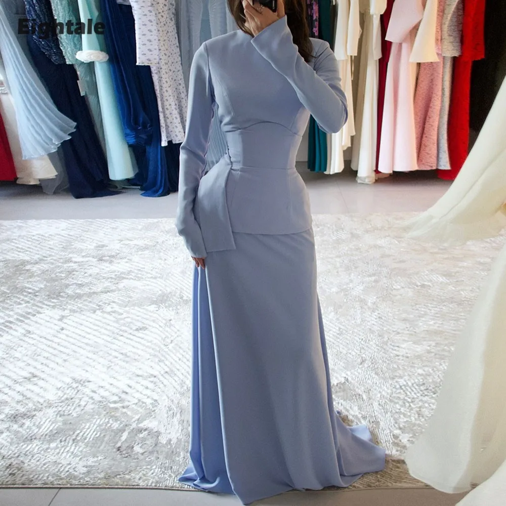 

Eightale Arabic Evening Dress O-Neck Prom Gown Customized Long Sleeves Baby Blue Muslim Mermaid Wedding Party Dress