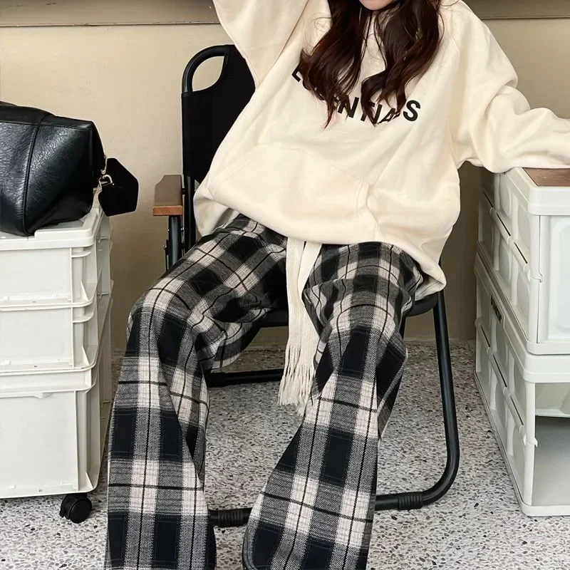 Korean Style Vintage Harajuku Loose Plaid Pants Women Spring Autumn Unisex Couple Casual Wide Leg Trousers Y2k Streetwear Kpop