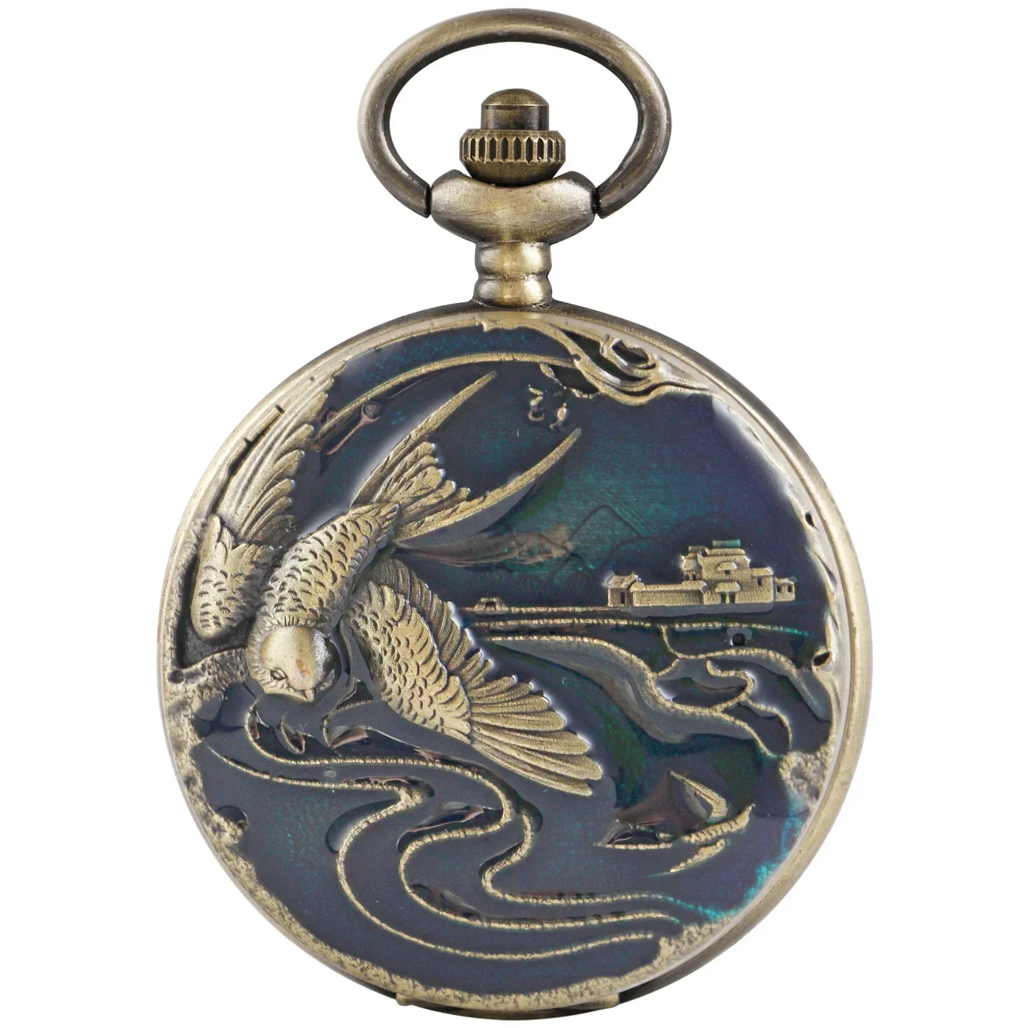 Vintage Flying Bird Castle Painting Exquisite Quartz Pocket Watch Steampunk Fob Chain Watch Men's and Women's Gift Reloj Hombre