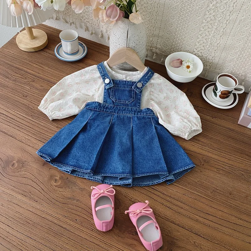 Baby Girls Floral Print T-shirt+Suspender Denim Dress One Breasted Puff Sleeve Soft White Tees Cute Blue Pleated Jean Overalls