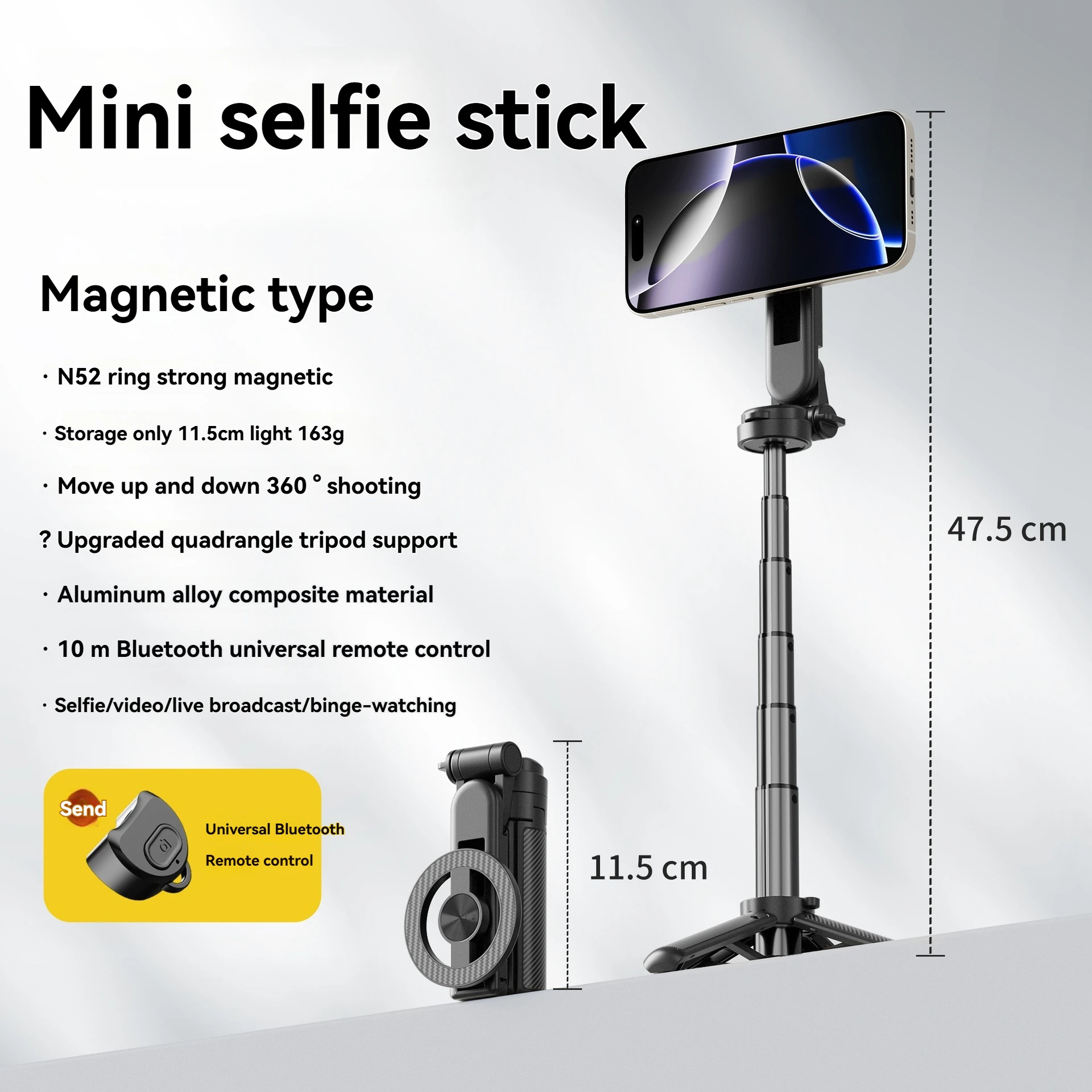 

Мини-портативная телескопическая палка для селфи с магнитным зажимом 360° ° Поворот, универсальный для iPhone Samsung Xiaomi, идеально подходит для путешествий на открытом воздухе