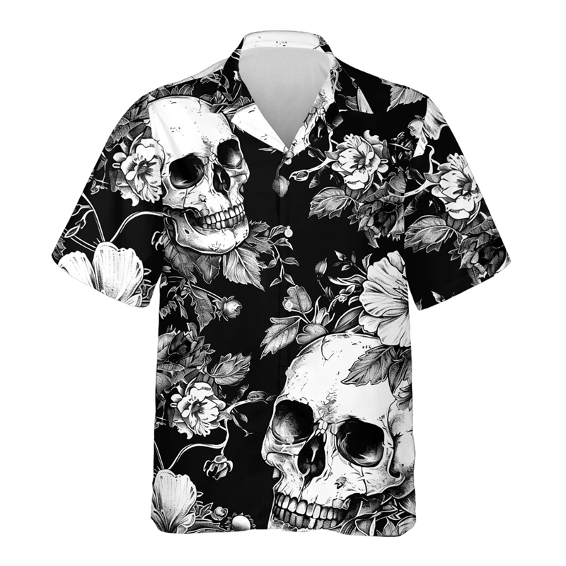 Men's Shirts Horror Skull Flower 3D Print Men's Clothing Summer Casual Hawaii Beach Hawaiian Harajuku Hip Hop Holiday Shirt Tops