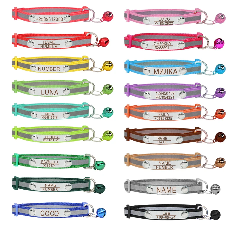 Personalized ID Dog Collar Reflective Adjustable Nylon with Bell Custom Engraving Puppy Kittens Necklace