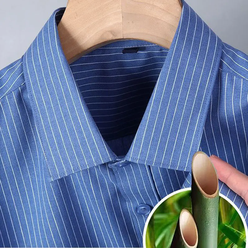 Camisa a rayas de fibra de bambú de manga larga para hombre, resistente a las arrugas, sin planchado, informal de negocios, cargado con bolsillos,