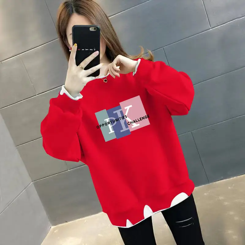 Fashion Loose Printed Hole Fake Two Pieces Sweatshirts Female Clothing 2023 Autumn Winter Casual Pullovers Irregular Sweatshirts