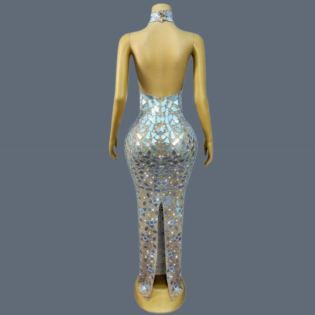 

Sparkly Silver Mirror Mosaic Mermaid Evening Gown Sheer Mesh Formal Sexy Dress Women Prom Gala Red Carpet Party Outfit Jingshe