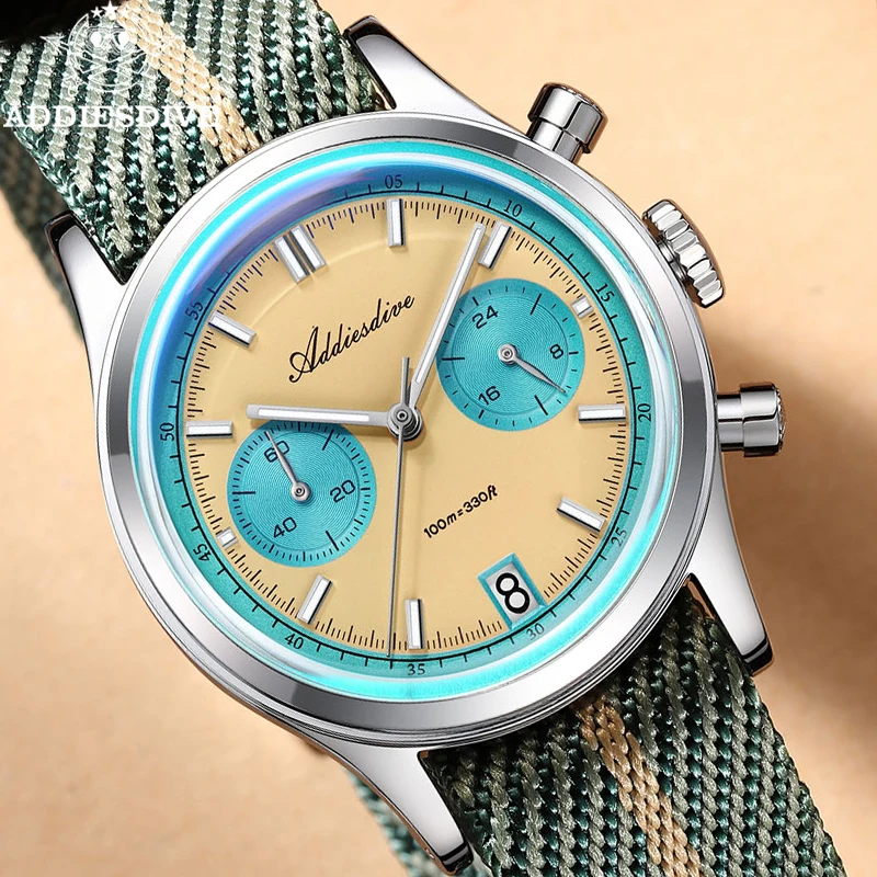 ADDIESDIVE Men Watch Luxury VK64 Quartz Watch Chronograph 38mm Dome Glass 316L Stainless Steel 100m Waterproof Luminous AD2095