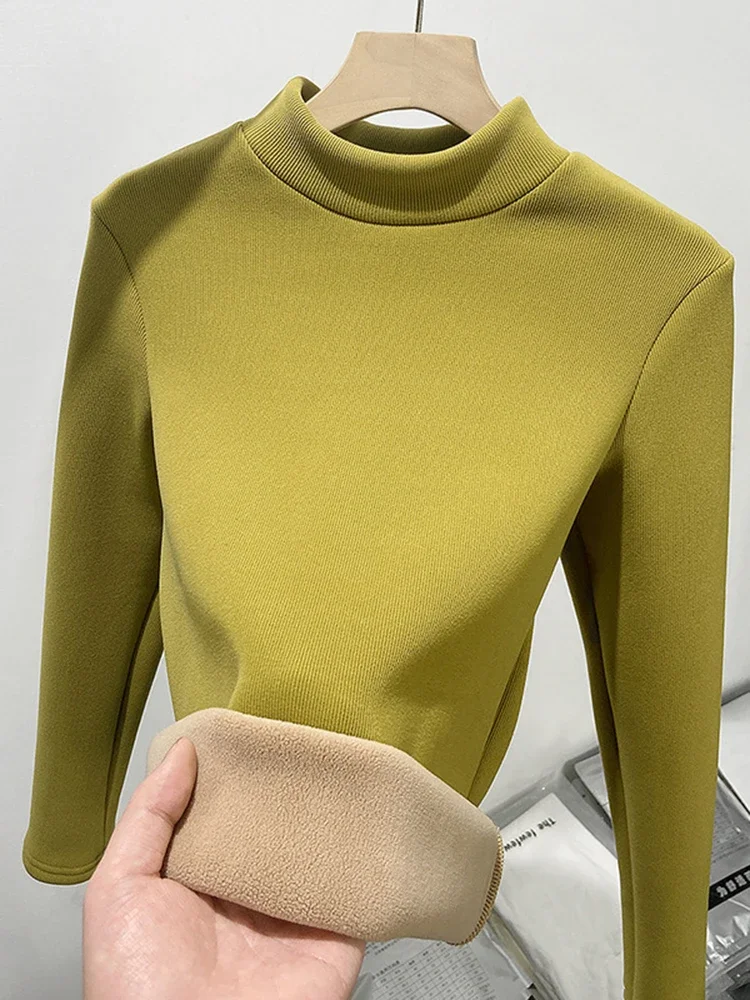 Winter Thicken Solid Color Half Turtleneck Tops Women Plush Velvet Lined Warm T Shirt Long Sleeve Bottom Blusas Fleece Clothes