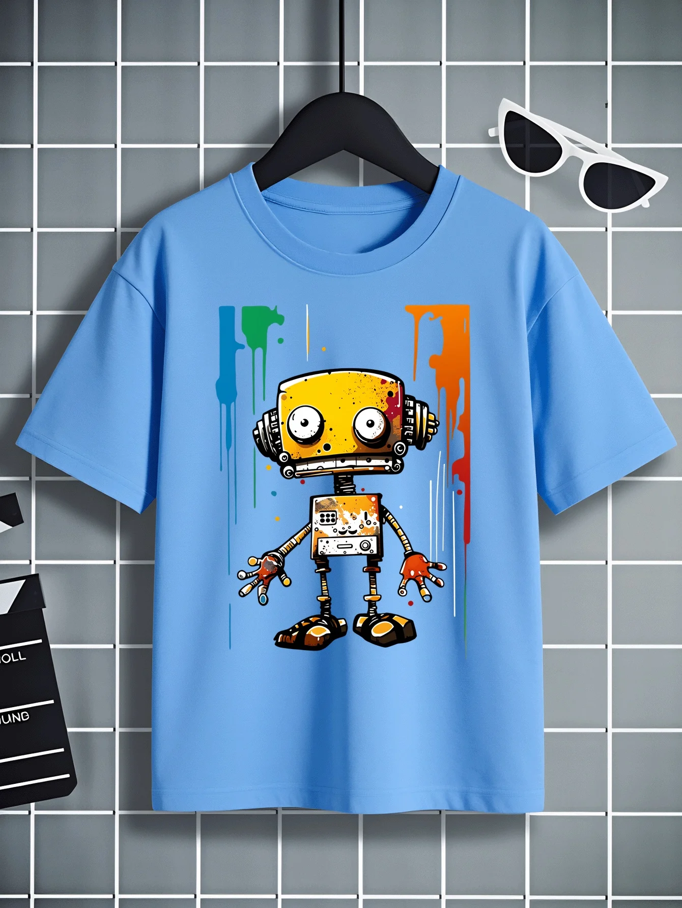 Children's T-shirt Color Robot Ink Drop Printing Design Fun Summer Design Fashionable and Comfortable Parent-child Casual Wear