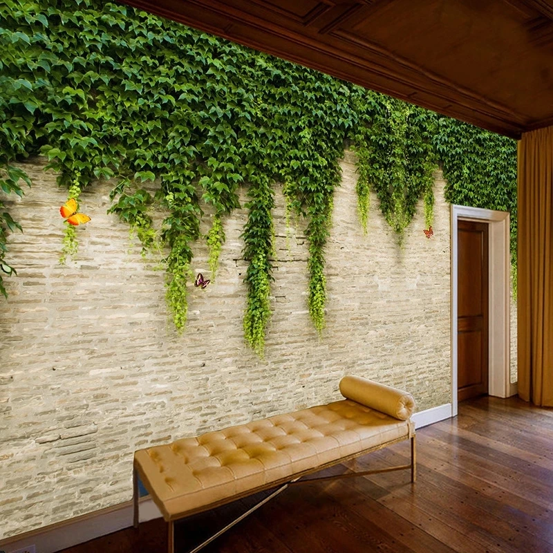 Custom Wallpaper 3D Creeper Brick Painting Modern Simple Bedroom Mural butterfly green leaf Living room TV background restaurant