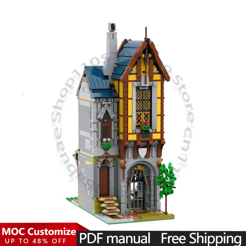 

1282 деталей, Модульный конструктор MOC «Средневековая кузнечная мастерская» для дома и улицы, развивающая игрушка-модель для детей, простой сборочный набор, подарок для праздника