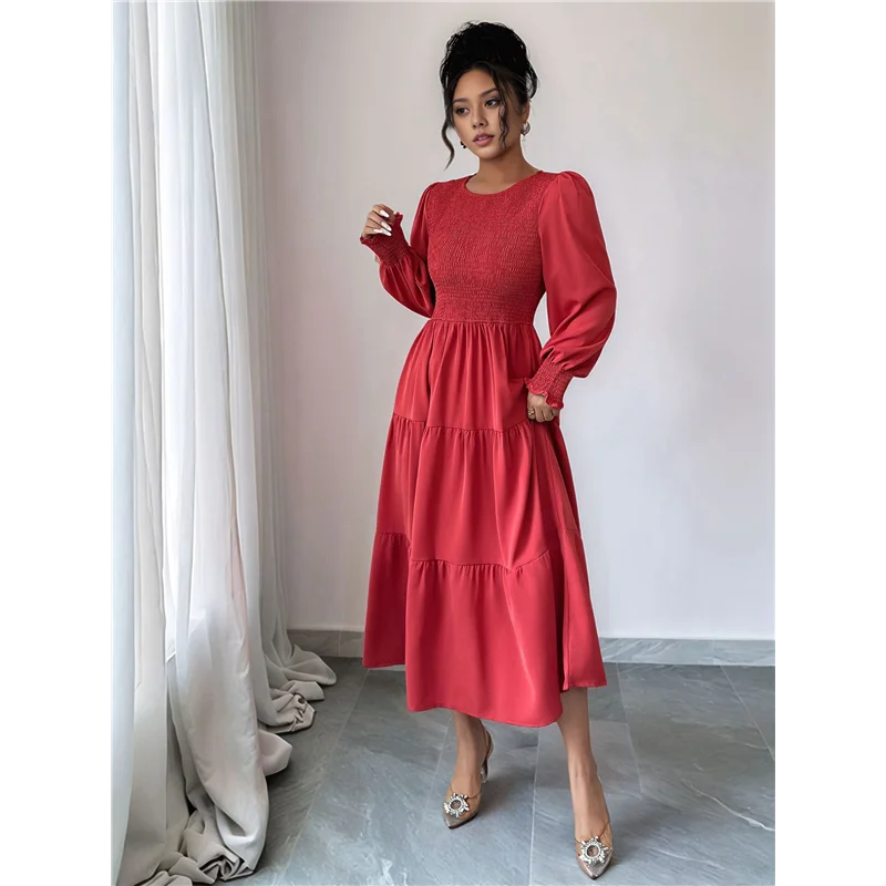 ABP-Fall Wedding Guest Dresses For Women Puff Long Sleeve Smocked Casual Crew Neck Tiered A Line Flowy Long Dress