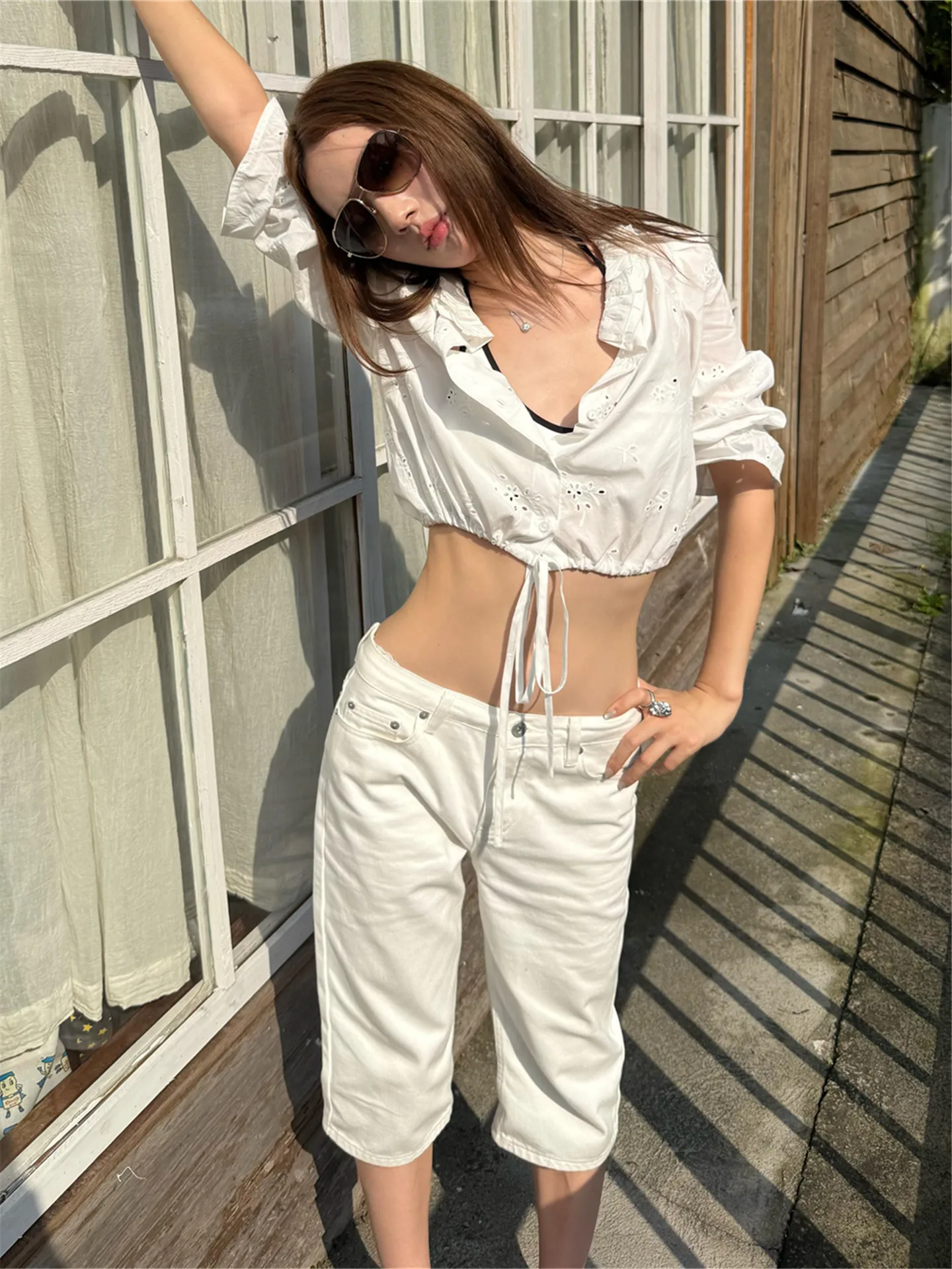 

Retro American Street Style Low Waist Flared Jeans Women's Summer Slimming Washed Denim Mid-Length Pants Cotton Soft
