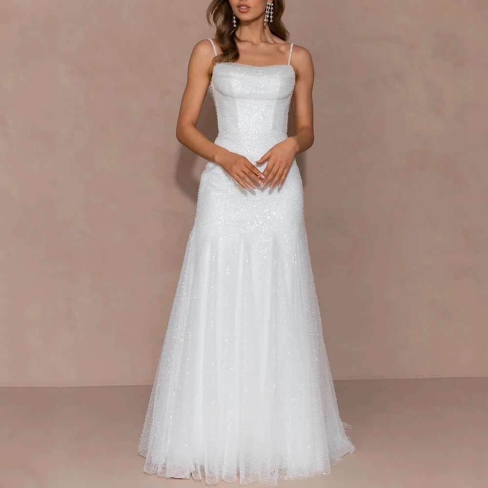 

Shiny Spaghetti Straps A-Line Wedding Dress Off the Shoulder Short Sleeves Sexy Open Back Bridal Marriage Floor Length Gowns