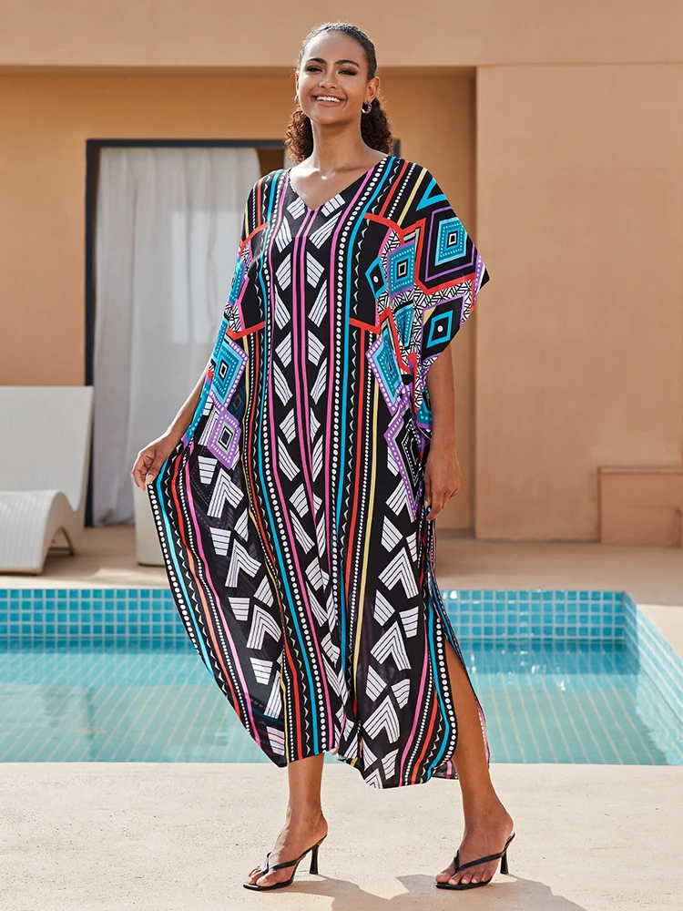 Sunforyou Plus size Kaftan Dress for Women Clolorful Print Beach Cover up Summer Lightweight Bohemian Dress Robe Loungewear