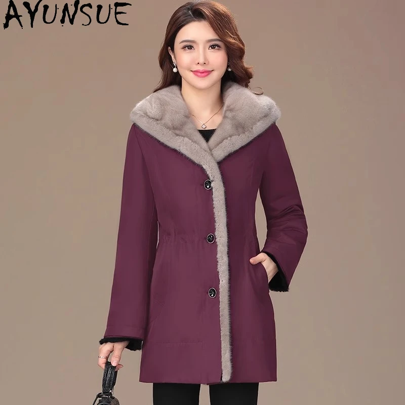 

AYUNSUE Rabbit Fur Coat Women Mink Fur Collar Winter Clothes Mid-long Real Fur Parka Woman Coats Пальто Женское Liner Detachable