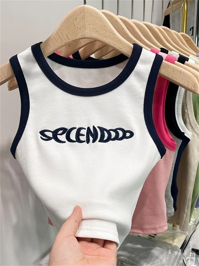 Summer Maillard Sleeveless Pink Strap Tank Top New Sleeveless Thread Outwear Short Spicy Girls Sports Letter Top