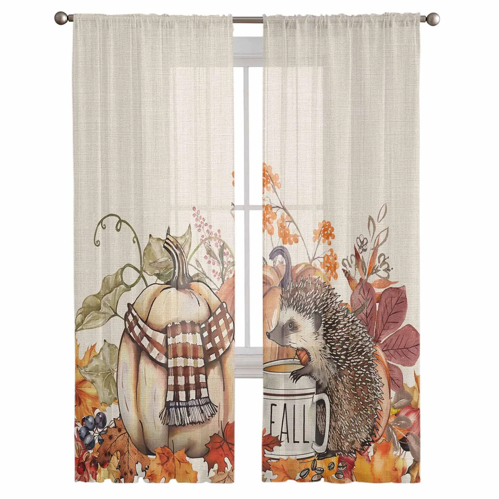 Fall Pumpkin Hedgehog Pine Cone Window Tulle Curtains for Living Room Kitchen Modern Window Treatments Voile Curtains