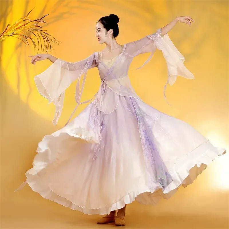 Estilo chinês dança folclórica clássico dançarino trajes de desempenho elegante cardigan prática roupas corpo rima longa gaze exterior