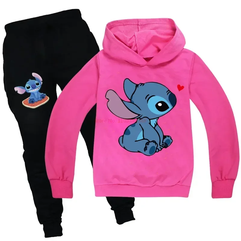 2024 New Stitch Disney Children's Clothing Print Pattern Boys And Girls Hoodie Long Sleeved Pullover Casual Trousers 2-piece Set