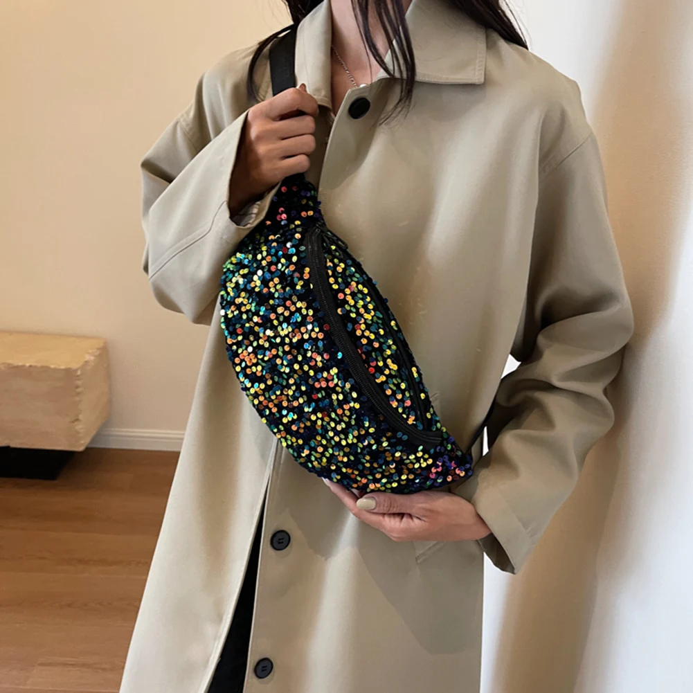 Sequin PU Leather Chest Bag for Women Trendy Crossbody Bag Sling Banana Bag Shiny Shoulder Bag Phone Waist Bag Handbags Purse