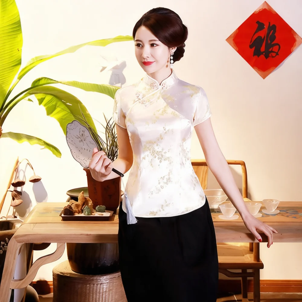 Elegant Vintage Cheongsam Blouse Chinese Style Brocade Top Womens Slim Fit Floral Tang Suit Summer Formal Party Wear