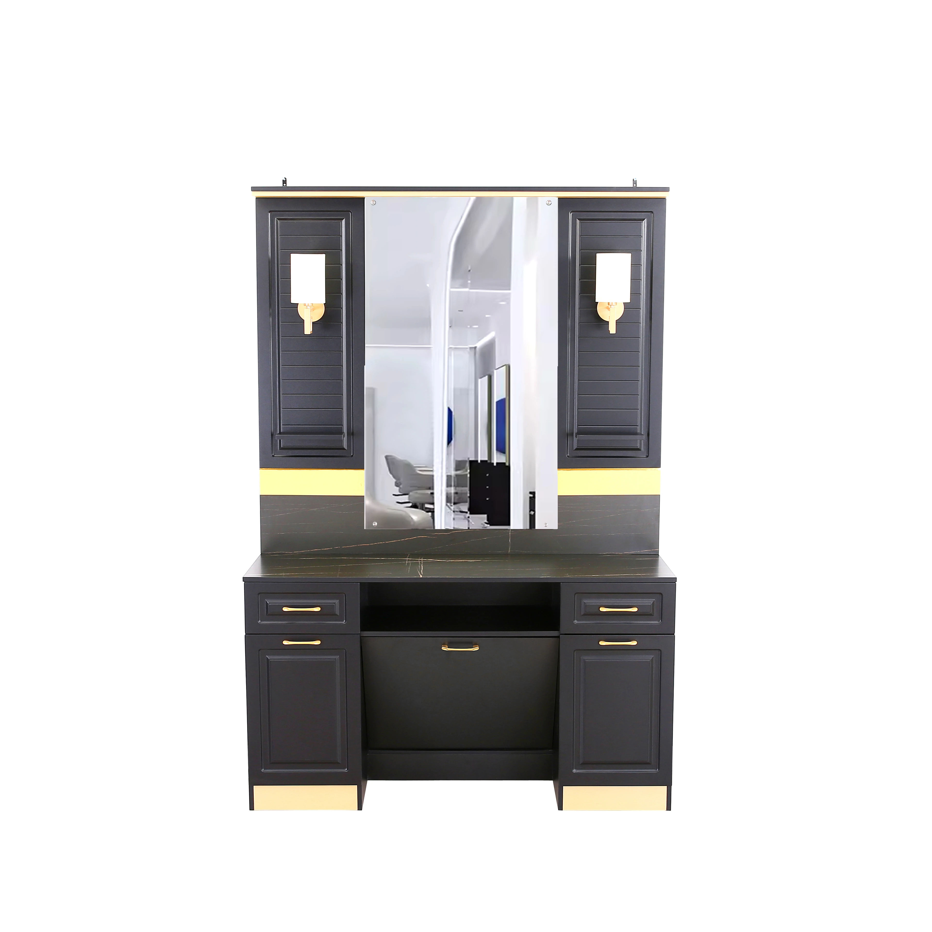 Luxury Modern Wood Panel Barber Station With Black Gold Meta Dresser Lighted Mirror Included For Hotel Use